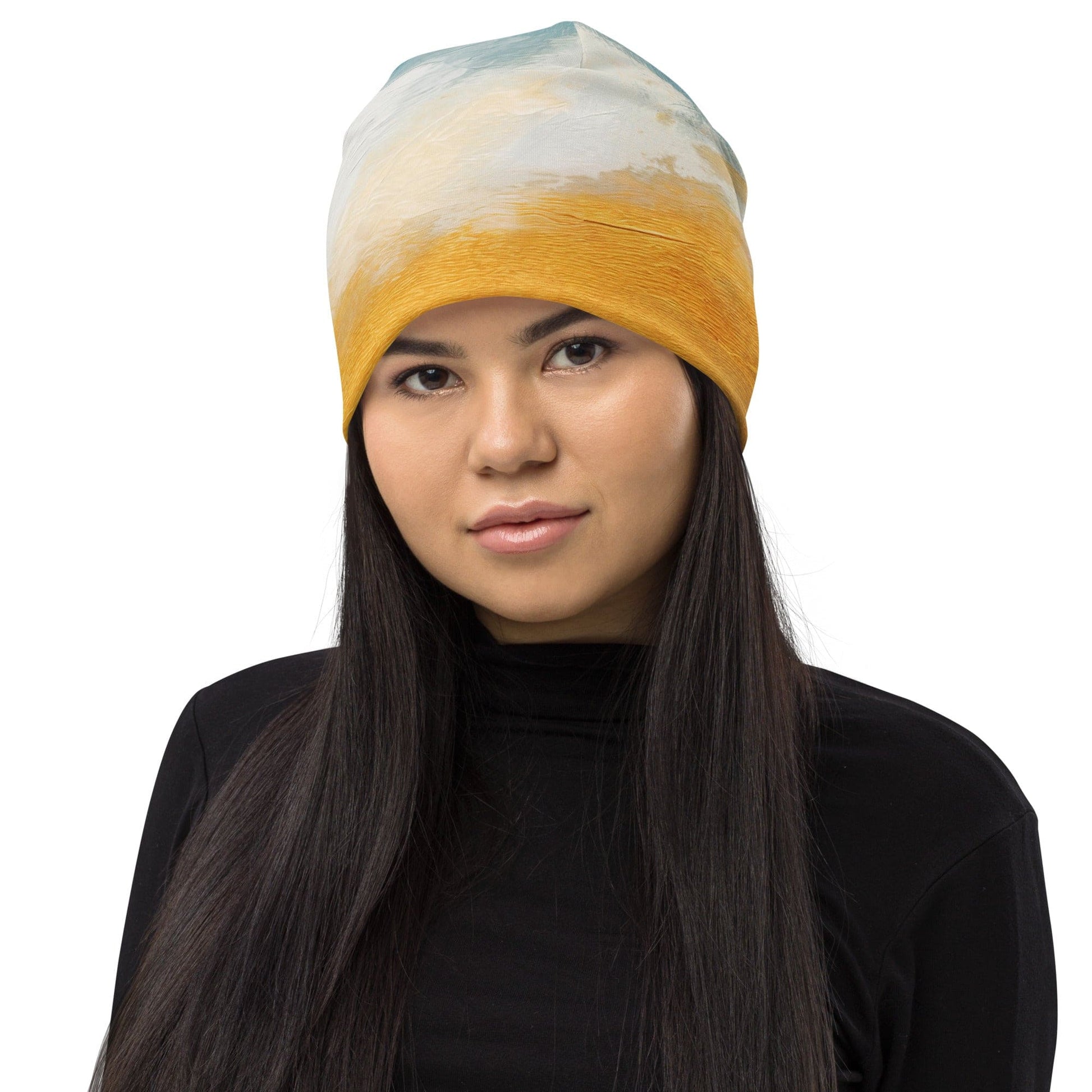 Double-layered Beanie Hat Blue Ocean Golden Sunset Print 6-0