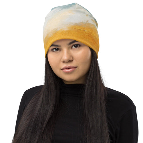 Double-layered Beanie Hat Blue Ocean Golden Sunset Print 6-0