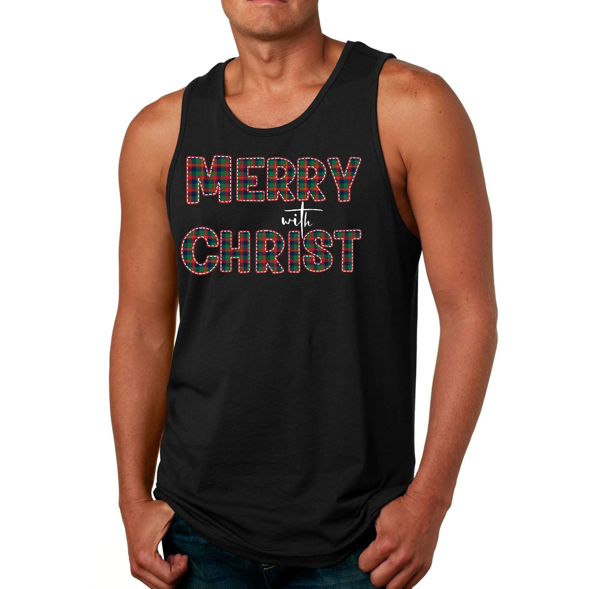 Mens Fitness Tank Top Graphic T-shirt Merry with Christ - Red-0