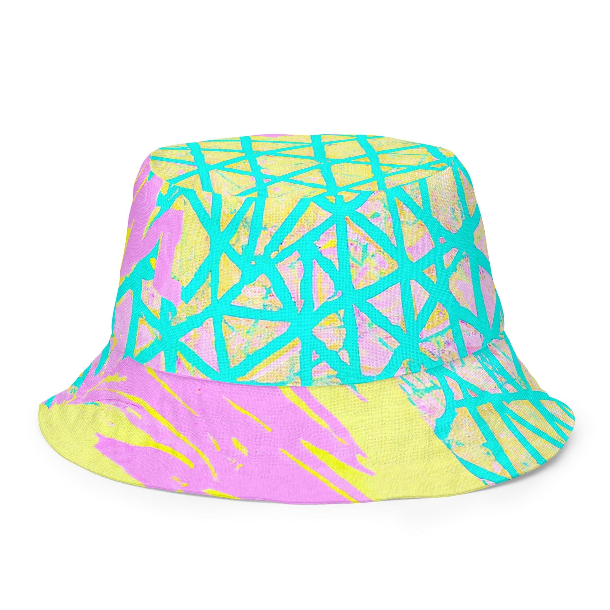 Reversible Bucket Hat Cyan Blue Lime Green and Pink Pattern-0